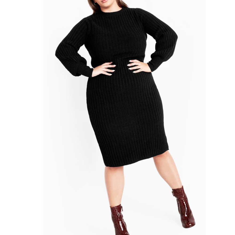 Loralette (Avenue) Plus Size 26/28 Black Ribbed Knit Sweater Dress NWT